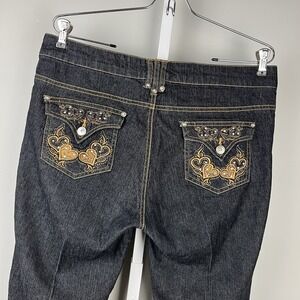 Street‎ Jeans Denim Jeans Womens 12 Black Gold Embroidered Heart Embellished Y2K